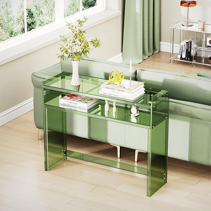 Acrylic Console Table, Entryway Table with Storage Shelves (Green)-Ruum Studio Home