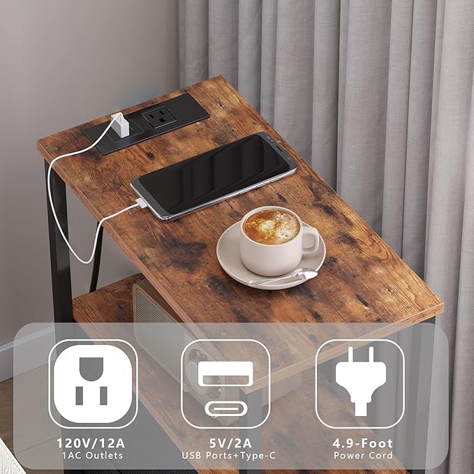 TUTOTAK Small Narrow End Table with Charging Station, Side Table with Outlets, Nightstand with 2 Cloth Drawers, Couch Table, for Living Room, Bedroom, Bedside, Brown TB01BB085-Ruum Studio Home