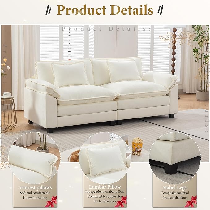 URRED Modular Sectional Sofa Comfy Cloud Couch, Modern Chenille Sofa Sleeper Deep Seat Couches with Ottoman/Pillows for Living Room (White, 82.6'')-Ruum Studio Home