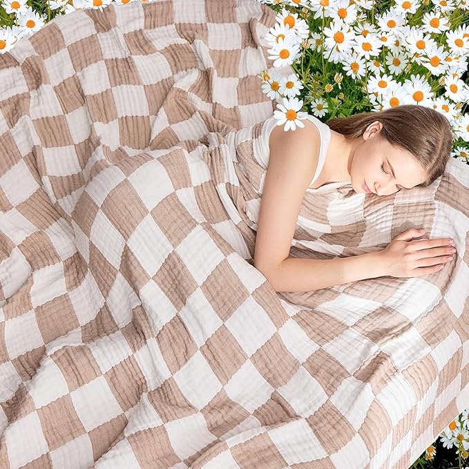EMME Checkered Cotton Blanket Twin Large 60"x80" 100% Muslin for Couch Breathable Cooling Gauze All Season Soft and Lightweight Pre-Washed (Light Tan)-Ruum Studio Home