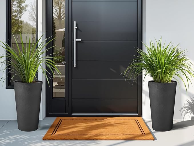 24" Tall Planters for Outdoor Plants, Set of 2 Heavy-Duty Resin Flower Pots, Matte Black Leather Grain Finish, Durable & Weather-Resistant, Ideal for Garden, Patio, Yard, Porch, or Home Use-Ruum Studio Home