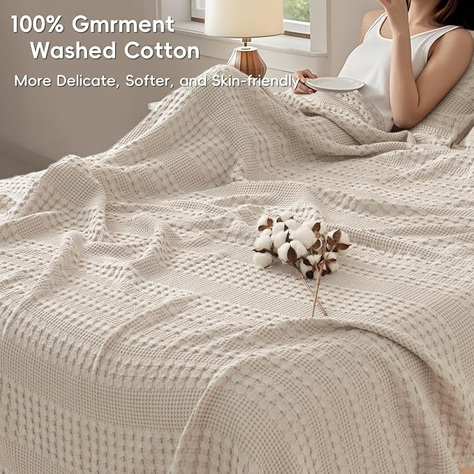 PHF 100% Cotton Waffle Blanket Oversized King 120"x120", Lightweight Breathable Extra Large 10'x10' Summer Blankets for Bed, Giant Big Luxury Aesthetic Woven Bedding for Home Decor, Oatmeal-Ruum Studio Home