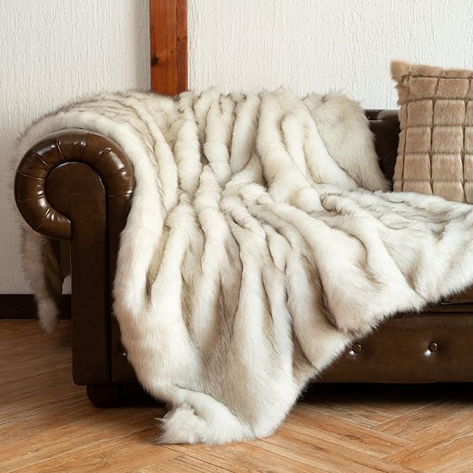 BATTILO HOME Luxury White Faux Fur Throw Blanket Long Pile with Black Tips, 51"x67", Super Warm Thick Faux Fur Blanket for Couch, Bed, Fuzzy Fluffy Elegant Cozy Blanket-Ruum Studio Home