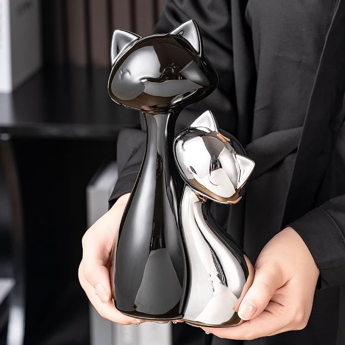 Ceramic Cat Statue Set, Black & Silver Cute Home Decor Figurines, Lucky Cats Desk Accessories for Cat Lovers, Memorial Cats Themed, Modern Collectible Decor for Bookshelf, Living Room-Ruum Studio Home