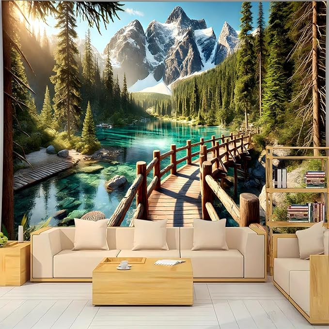 BSFHH Nature Tapestry Forest Tree Sea Cave Wall Hanging, Stream Through Rainforest Landscape Wall Art Tapestry for Bedroom Living room (Snow Scene, 110" × 87", Unframed)-Ruum Studio Home