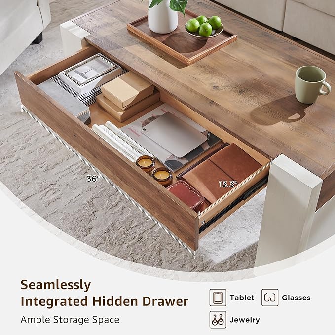 OKD 48" Modern Farmhouse Coffee Table, Wooden Living Room Table with Hidden Storage Drawer, Rustic Rectangular Center Tables with Wood Thick Design for Living Room, Office, Antique White-Ruum Studio Home