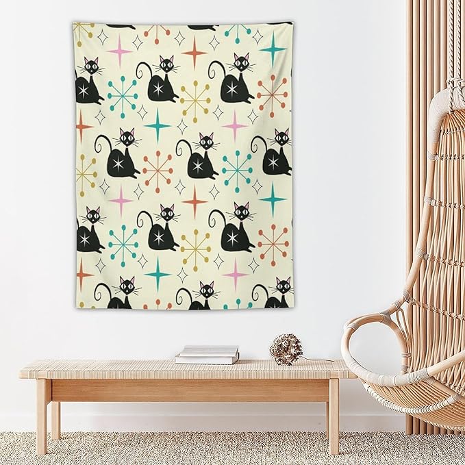 ICMOLYYENLO Abstract Cat Tapestry, Medieval Abstract Atomic Star Cat Vintage Home Wall Hanging Art Tapestry for Bedroom Living Room Dormitory 50x60 Inch-Ruum Studio Home