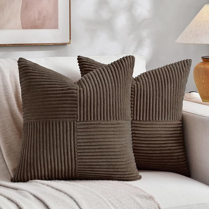 Fancy Homi 2 Packs Dark Brown Samll Decorative Throw Pillow Covers 14x14 Inch with for Couch Bed Sofa, Rustic Farmhouse Boho Home Decor, Soft Corss Patchwork Corduroy Square Cushion Case 35x35 cm-Ruum Studio Home
