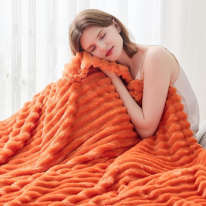 NEWCOSPLAY Super Soft Fall Queen Blanket Orange Premium Silky Flannel Fleece 3D Ribbed Jacquard Lightweight Bed Blanket All Season Use (Orange Ribbed, Queen(90"x90"))-Ruum Studio Home