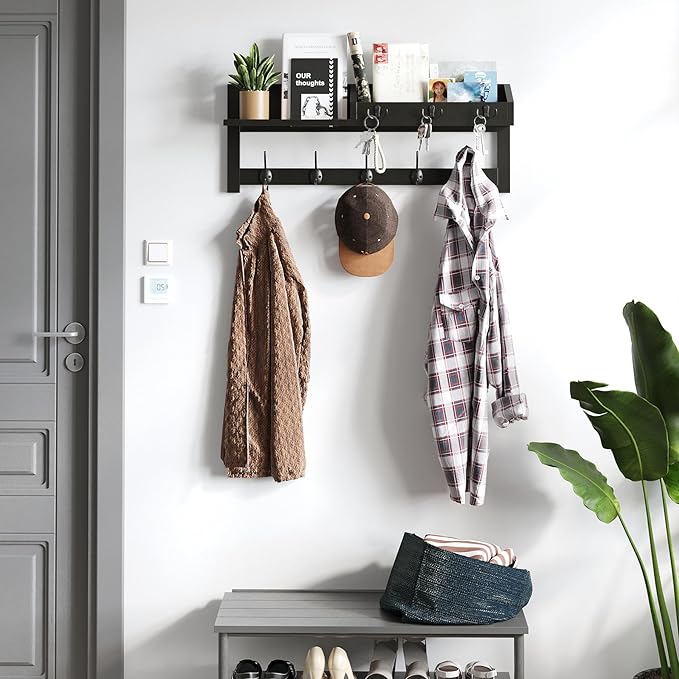 AMBIRD Wall Hooks with Shelf 26.57inch Entryway Wall Hanging Shelf Wood Coat Hooks for Wall Coat Rack Wall Mount Rack with 5 Dual Hooks 3 Key Hooks Mail Organizer and Key Rack Key Holder (Black)-Ruum Studio Home
