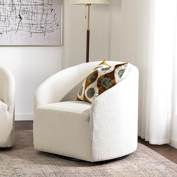 KINWELL 32" Wide Modern Boucle Swivel Barrel Chair, No Assembly Round Upholstered Swivel Accent Armchair for Living Room, Bedroom, Office (White)-Ruum Studio Home