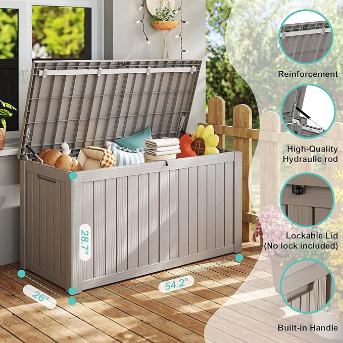 150Gal Outdoor Deck Box Waterproof, Lager Patio Storage Box Indoor and Outdoor Use, Lockable Resin Storage Bin for Patio Furniture Cushions Garden Tools, Package Delivery,UV Resistant-Grey-Ruum Studio Home