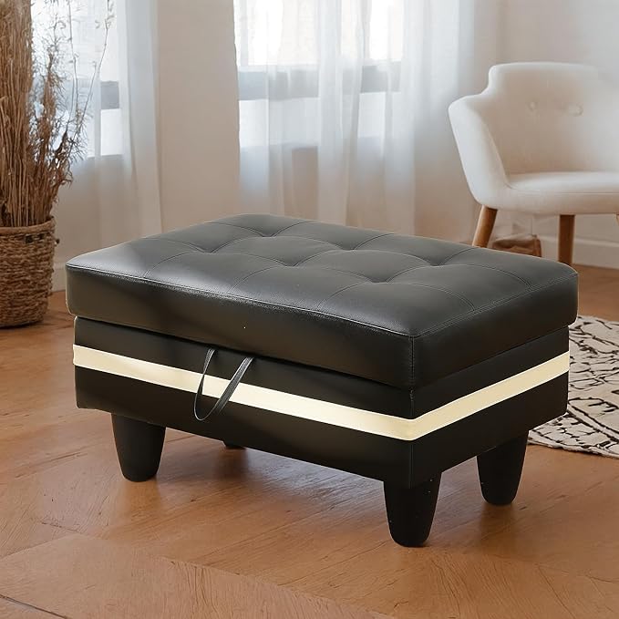 Ottoman Rectangular Storage Ottoman Bench, Faux Leather Footrest, Coffee Table, Stool Footstool with Hinged Lid for Living Room, Bedroom, Entryway, Black with White Strip, 35"x23.5"x17.5"-Ruum Studio Home