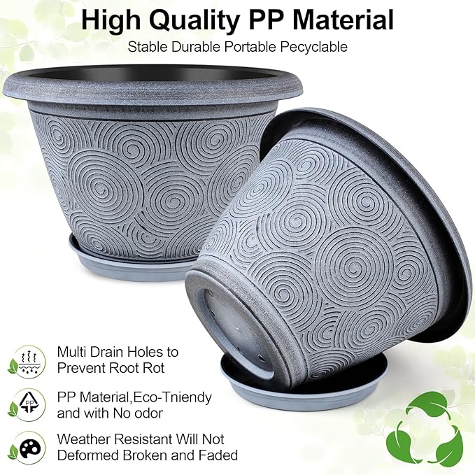 12 Inch Large Planter Pot for Plants Indoor Outdoor, 4 Pack Plastic Flower Pots with Drainage Hole & Tray, Modern Decorative Garden Pot with Saucer, Plant Container for House-Ruum Studio Home