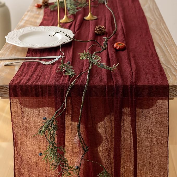 6pcs Burgundy Cheesecloth Table Runner Gauze 120 Inch 10 FT Rustic Boho Cheese Cloth Runner for Wedding Baby Shower Bridal Shower Engagement Birthday Party Long Sheer Home Decorations-Ruum Studio Home