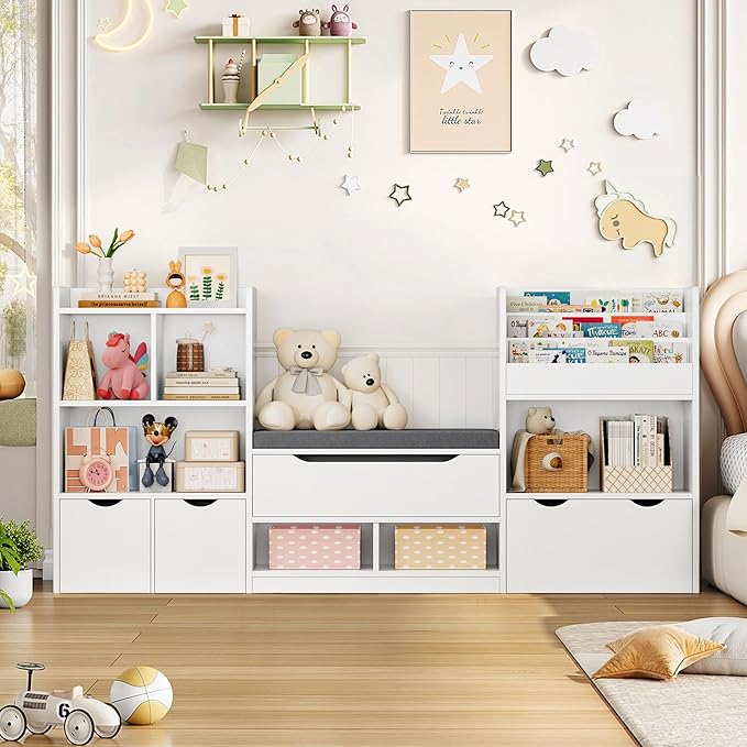 FOTOSOK 72” Kids Bookshelf with Reading Nook, Large Toy Storage Organizer with Seat Cushion and 3 Movable Drawers, Kids Reading Nook Toy Organizers and Storage with Bench for Living Room, White-Ruum Studio Home