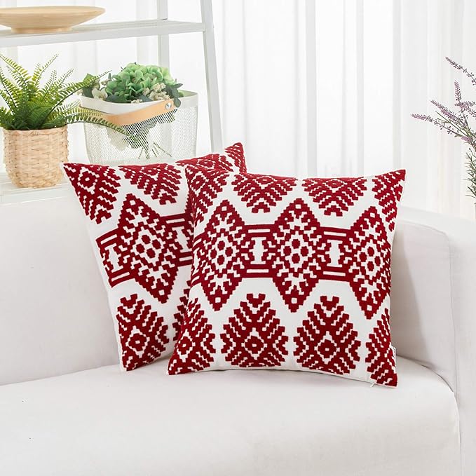HWY 50 Red Decorative Throw Pillow Covers 18x18 Inch, Pack of 2 Embroidered Cotton Farmhouse Cushion Cover Pillow Case for Sofa Couch Living Room Bed Bedroon, Diamond Design-Ruum Studio Home