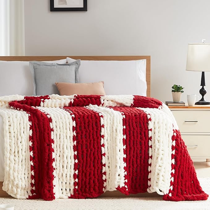 L'AGRATY Chunky Knit Blanket Throw - Soft Throw Blanket 50x60: 100% Hand Kintted Chenile Crochet Throw Blanket for Couch - Large Cable Knit Blanket for Home Decor (Red and White)-Ruum Studio Home