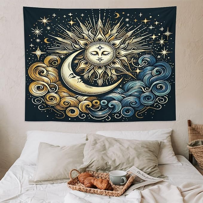 HZOHNAGO Sun Moon Tapestry Boho Golden Stars Pattern Printed Wall Tapestry Wall Hanging for Bedroom Living Room Dorm 80" W x 60" H-Ruum Studio Home