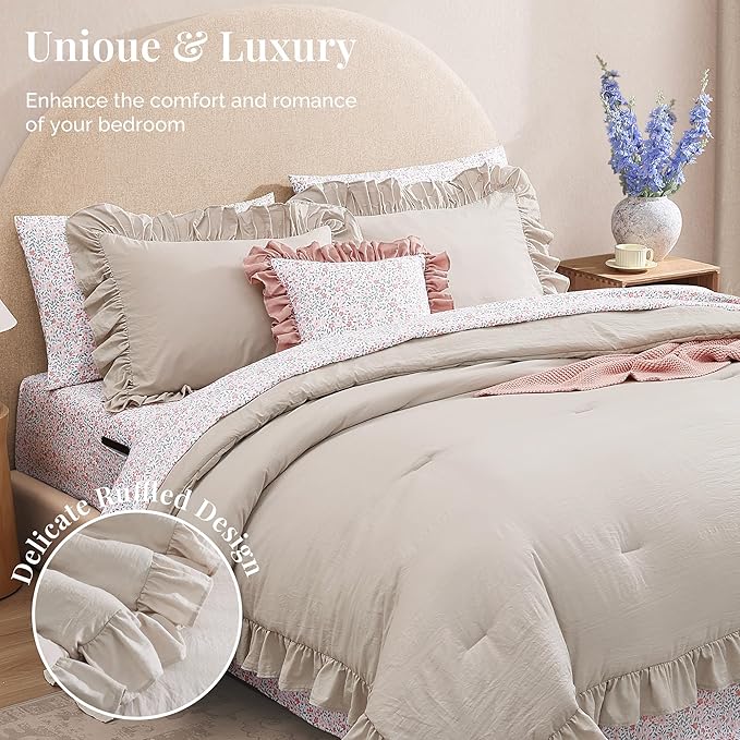 Queen Comforter Set - 7 Pieces Ruffle Beige Bedding Sets, Shabby Chic Farmhouse Bed in a Bag Queen with Ruffle Comforter, Floral Sheets, Pillowcases & Shams-Ruum Studio Home