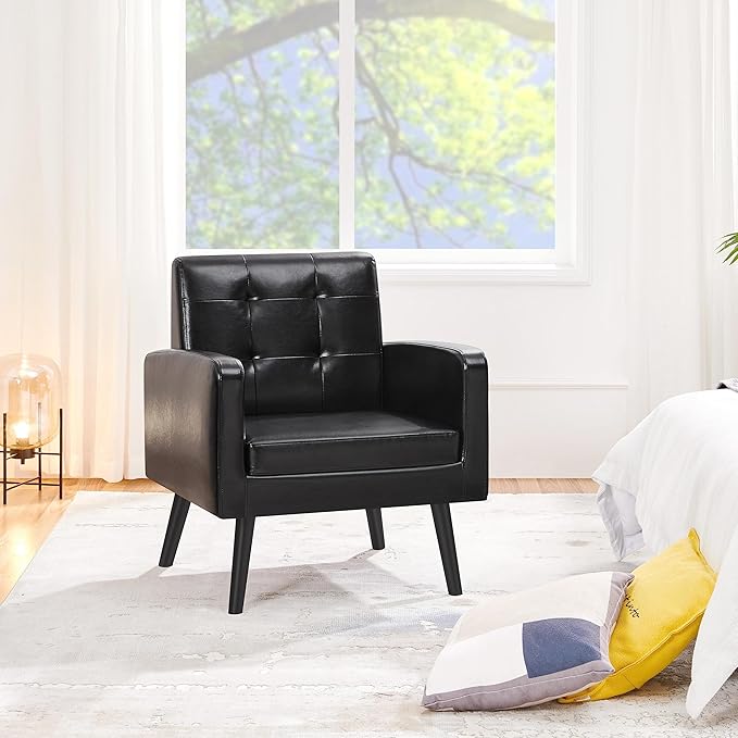 Yaheetech Mid-Century Accent Chairs, PU Leather Modern Upholstered Living Room Chair, Cozy Armchair Button Tufted Back and Wood Legs for Bedroom/Office/Cafe Black-Ruum Studio Home