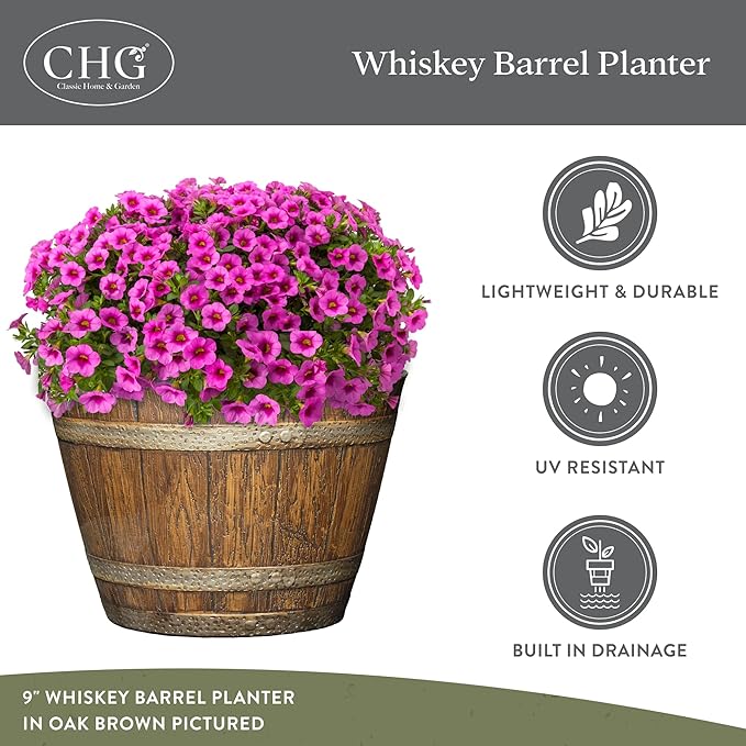 Classic Home & Garden Whiskey Barrel Planters - Wooden Finish Flower Planter Pot - Stylish Garden Pots - Indoor & Outdoor Resin Planters - Weather-Resistant Planting Pots (9" Oak Brown, Pack of 1)-Ruum Studio Home