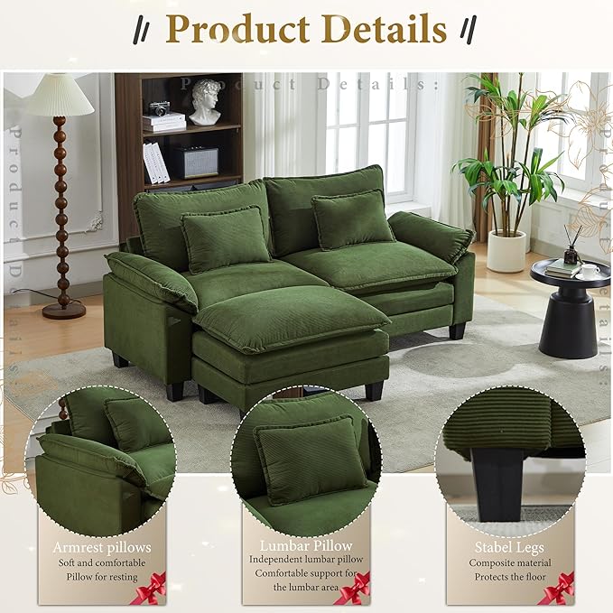URRED Modular Sectional Sofa Comfy Cloud Couch, Modern Corduroy Sofa Sleeper Deep Seat Couches with Ottoman/Pillows for Living Room (Green, 82.6''- L Shape)-Ruum Studio Home