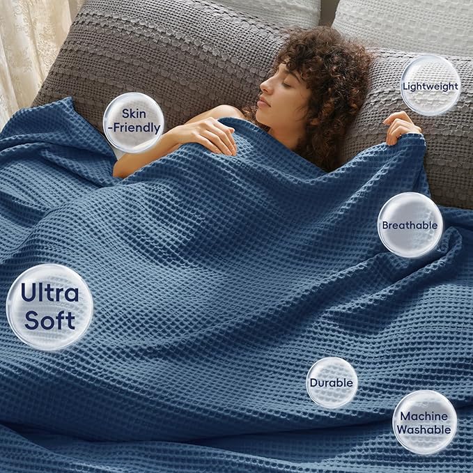 PHF Ultra Soft Waffle Weave Throw Blanket 50"x 60"- Washed Lightweight Breathablee Cozy Woven Blanket - Great for Couch Bed Sofa Home Car - Navy Blue-Ruum Studio Home