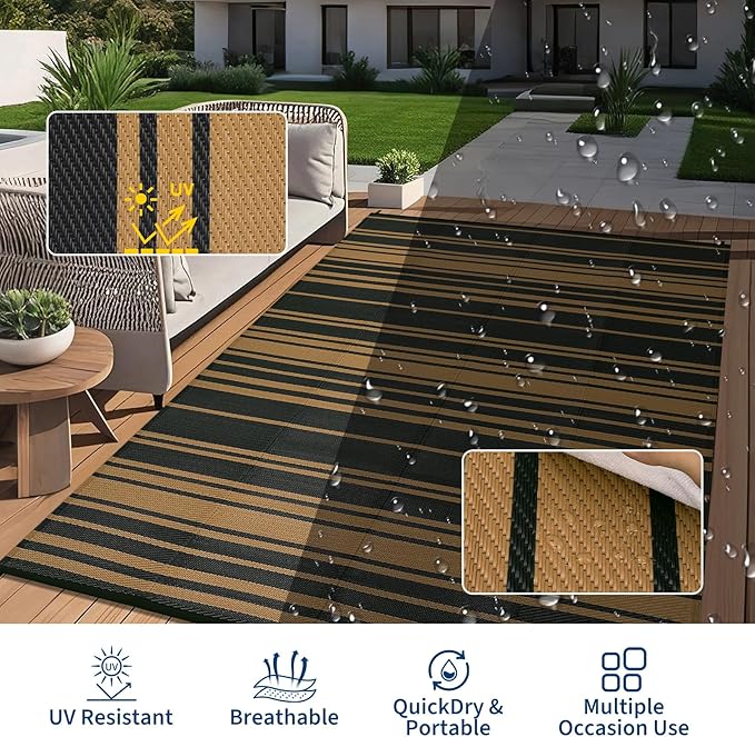 Outdoor Patio Rug 9x12 Stain-Resistant Reversible Camping Mat, Modern Striped Outdoor Plastic Straw Rug, Waterproof Outside Carpet, Easy to Clean for RV, Porch, Deck, Balcony, Black Brown-Ruum Studio Home