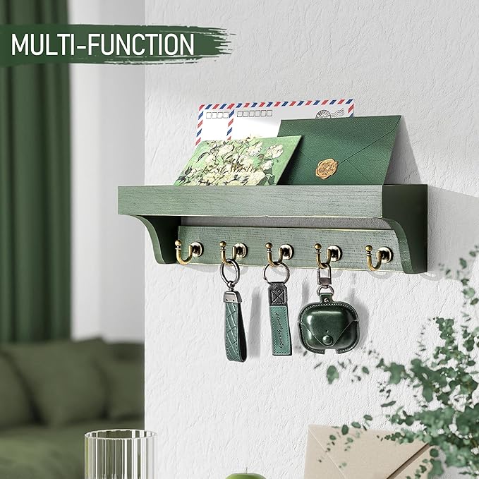 Rebee Vision Farmhouse Pine Wood Key Holder Wall Mount with Shelf for Home Improvement - Rustic Wall Mail Holder for Farmhouse Room Decor - Perfect Mail Organizer for Home (Green)-Ruum Studio Home