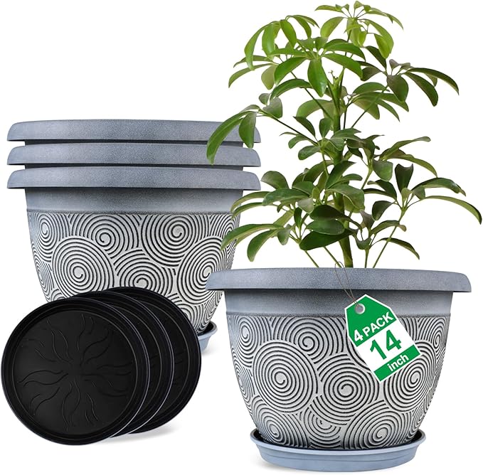 14 Inch Large Planter Pot for Plants Indoor Outdoor, 4 Pack Plastic Flower Pots with Drainage Hole & Tray, Modern Decorative Garden Pot with Saucer, Plant Container for House-Ruum Studio Home