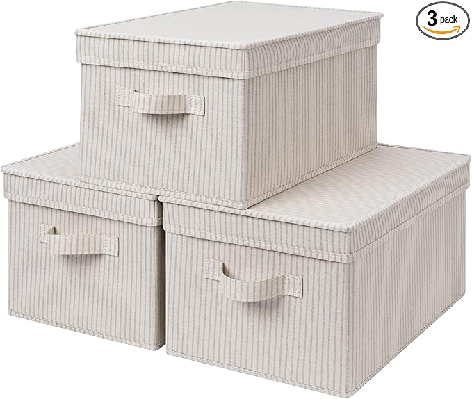 StorageWorks Large Storage Bins with Lids, Decorative Storage Boxes with Lid and Handles, Foldable Storage Baskets for Closet, Shelves, Stackable, Khaki Stripe, 3-Pack-Ruum Studio Home