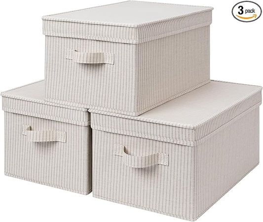 StorageWorks Large Storage Bins with Lids, Decorative Storage Boxes with Lid and Handles, Foldable Storage Baskets for Closet, Shelves, Stackable, Khaki Stripe, 3-Pack-Ruum Studio Home