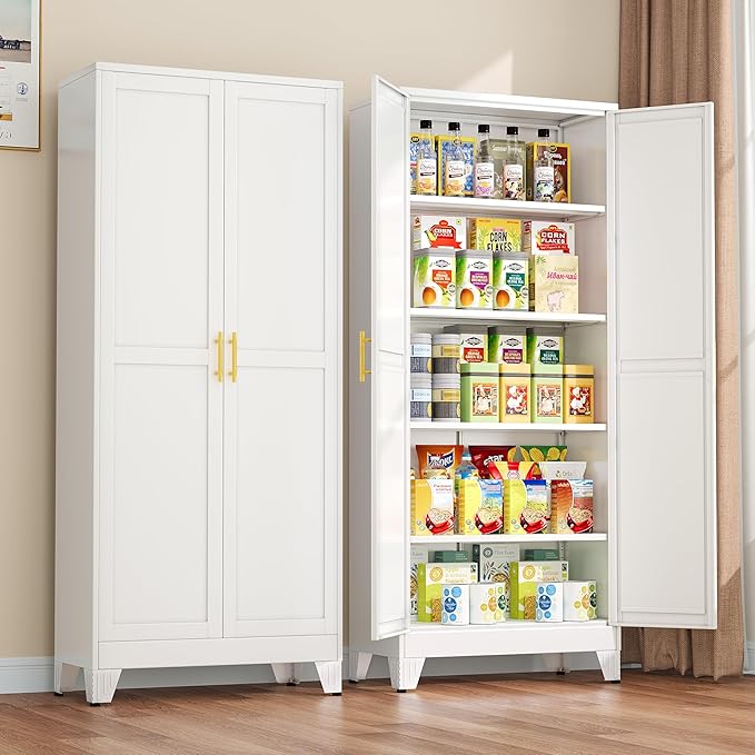 Metal Pantry Cabinet with 2 Doors and Adjustable Shelves - 71" Kitchen Storage Cabinet with Gold Handles - Versatile Storage for Kitchen, Bathroom, Dining Room, Utility Room - White-Ruum Studio Home