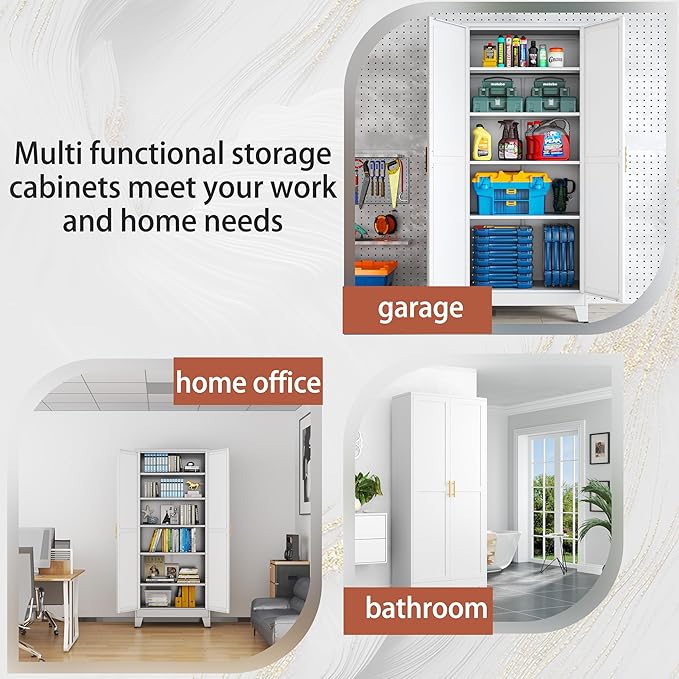 Kitchen Pantry Storage Cabinet with Doors and Adjustable Shelves, Metal ClosetMaid Food Pantry Cabinets, 75" Tall Freestanding Cupboard for Kitchen, Laundry or Utility Room, White-Ruum Studio Home