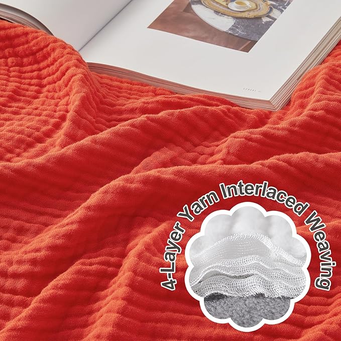 EMME Cotton Throw Blanket - 100% Muslin Soft, Breathable Gauze - All Season, Lightweight - Pre-Washed - Orange Rust, 50"x70"-Ruum Studio Home