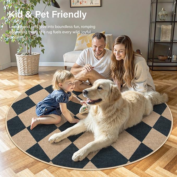 Lahome Checkered Round Rugs 6ft, Washable Easy Jute Circle Patio Rug Indoor Outdoor Rugs for Living Room, Farmhouse Natural Round Area Rug Contemporary Carpet for Entryway Backyard-Ruum Studio Home