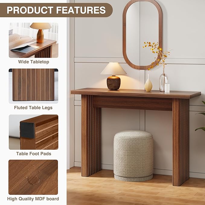 AVZEAR Mid Century Narrow Entryway Console Table, 43.3" Fluted Wood Couch Table Behind Sofa Long and Skinny for Living Room Hallway Entrance Foyer, Walnut-Ruum Studio Home