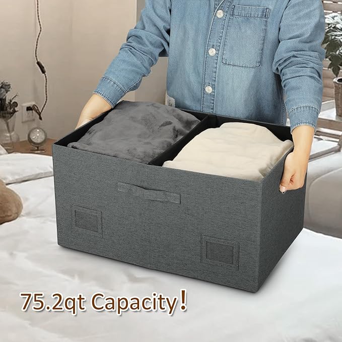 75 Quarts Extra Large Decorative Storage Bins with Lids, 3 Packs Dark Gray Collapsible Storage Bins with Lids, Stackable Storage Bins Decorative Box Storage With Lid Extra Large-Ruum Studio Home