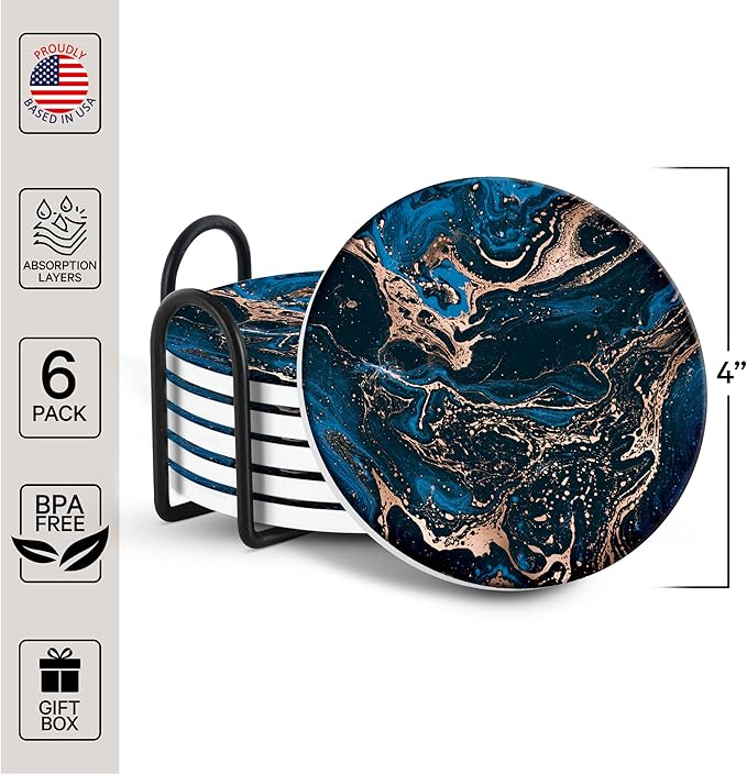 Emerson Coasters for Drinks Absorbent – Natural Stone Drink Coasters Set with Holder, Coasters for Coffee Table, Wooden Tabletop Protection Marble Style – 100% Heavy Duty Set of 6 (Royal)-Ruum Studio Home
