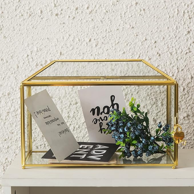 Glass Wedding Card Box with Slot, 12.6 inch Large Clear Card Box Gold Brass Gift Card Storage Box with Lock for Wedding Receptions, Baby Shower, Birthday Party, Bridal Shower-Ruum Studio Home