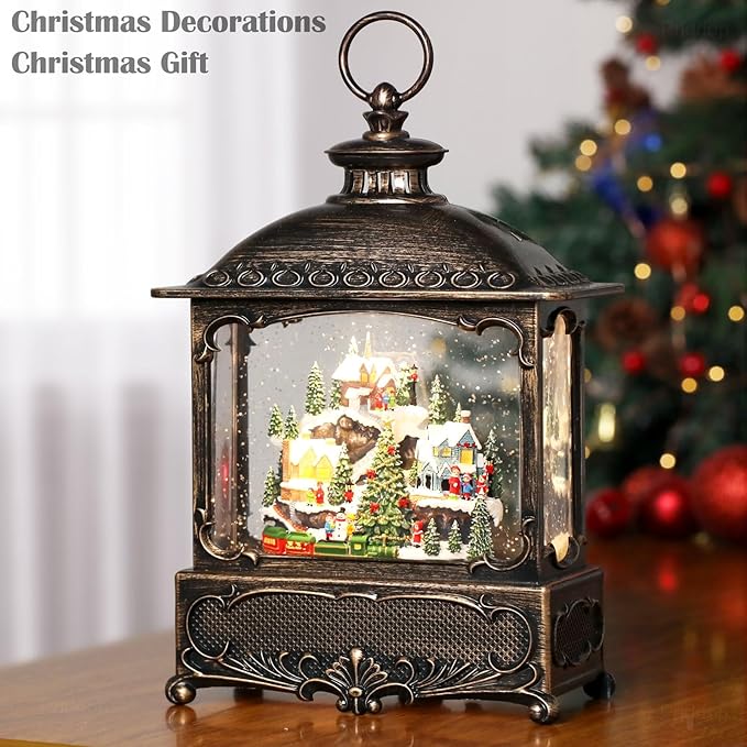 Christmas Snow Globe Lantern Christmas Decorations Gifts Snowy Village Scene Snowman Church Cabin Train Musical Glitter Snowfall USB/Battery Timer 12 inch-Ruum Studio Home