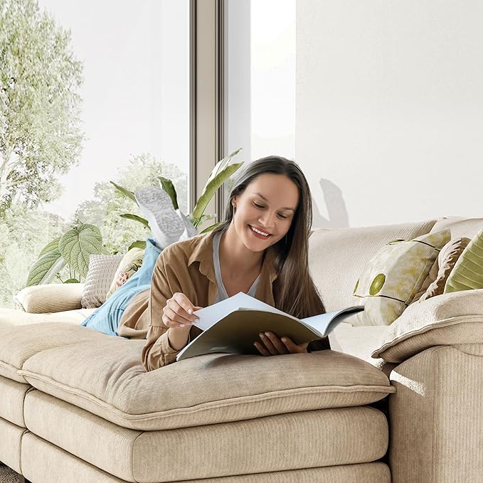 LINSY HOME Sofa Chair with Movable Ottoman - Corduroy Cloud Couch Chair Soft Comfy Modern Sofa Chaise Single Sleeper Chair Bed for Living Room Apartment Office, Beige-Ruum Studio Home