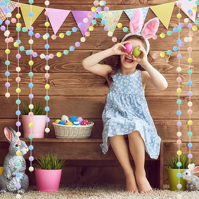 3pk Pastel Pom Pom Garland Easter Decorations Spring Home Decor Indoor Living Room Wall Classroom Xmas Tree, Cute Hanging Rainbow Colorful Felt Ball Garland Baby Shower Wedding Birthday Party Supplies-Ruum Studio Home