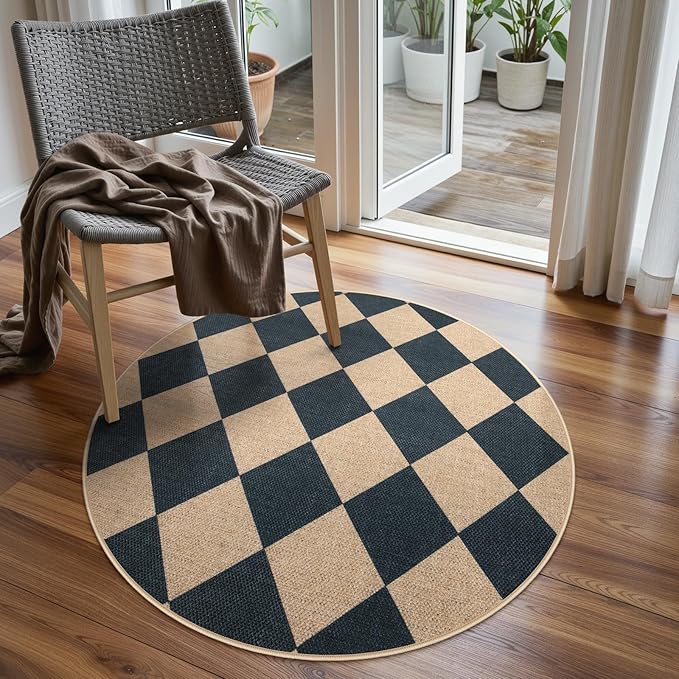 Lahome Checkered Round Rug 3ft, Circle Indoor Outdoor Entryway Patio Rug Washable Easy Jute Rug, Farmhouse Non Slip Small Round Rugs for Bedroom Porch Living Room Decor-Ruum Studio Home