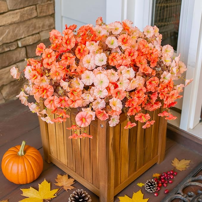 Artificial Mums for Outdoors Fake Fall Flowers Plants for Autumn Decoration, 12 Bundles Silk Morning Glory with Eucalyptus Look Real UV Resistant Faux Mums for Outside Planters Yard Patio Porch, Mix-Ruum Studio Home