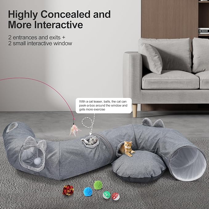 Odoland Summer Linen Cat Tunnels for Indoor Cats with Cooling Central Cat Bed, Interactive Cat Toys Detachable Soft Mat and Variety Kitty Toy Set Grey-Ruum Studio Home