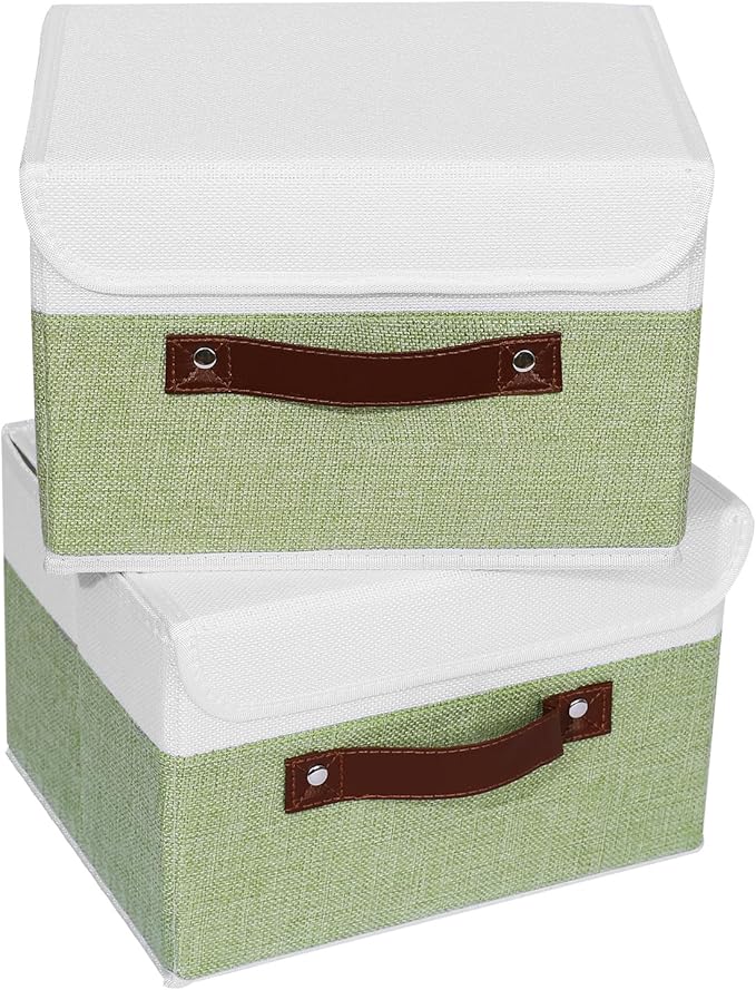 ANMINY 2PCS Storage Boxes with Lid Washable Decorative Storage Bins Basket with PU Leather Handle Foldable Linen Fabric Storage Cubes Containers for Home Closet Organizer - Green White, Small Size-Ruum Studio Home
