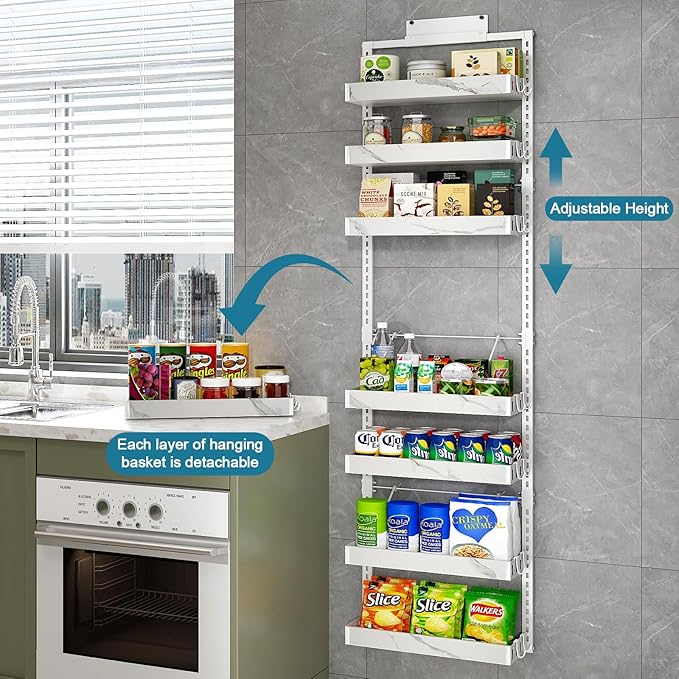 bukfen Over the Door Pantry Organizer,8-Tier Adjustable Basket Kitchen Pantry Door Organization and Storage, Heavy-Duty Metal Hanging Kitchen Spice Rack,D6.3 x W17.32 x H66.93 inch,White Marble Color-Ruum Studio Home