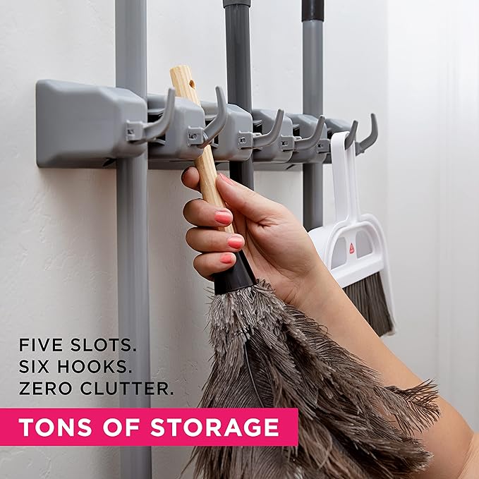 Combo 5 Slot Broom Holder w/ 1 Self Adhesive Mop Gripper No-Drilling, Wall Mount Tool Organizers For Kitchen, Garage, Laundry Room- Anti-Slip Hanger For Brooms, Mops, Rakes, Dustpans (Grey / White)-Ruum Studio Home